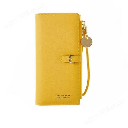 富源女士钱包黄色简约长款折叠拉链多卡位H搭扣手拿包带腕带