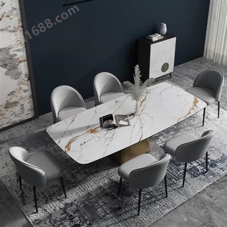 鼎富 意式轻奢亮光岩板餐桌 长方形饭桌 不锈钢大理石餐桌DF-0022