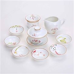 景德镇白瓷荷花手绘茶壶茶具定制 中式创意茶碗 家用盖碗茶杯茶具