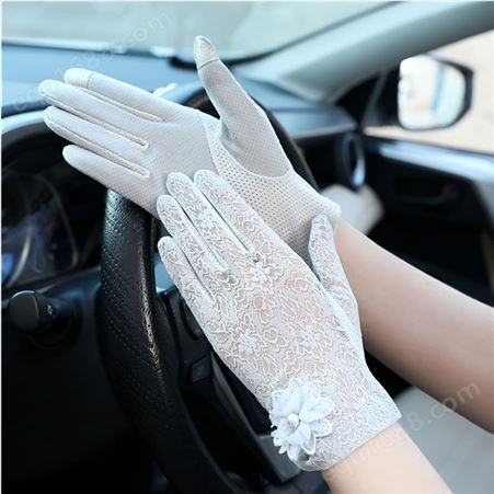触屏薄透防晒手套 生产加工 棉质蕾丝边手套 装饰蕾丝手套