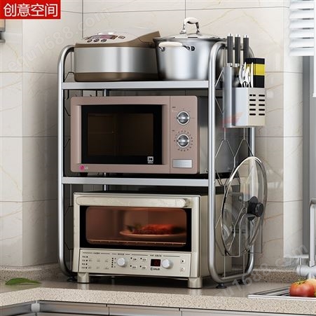 304不锈钢厨房置物架家用双层桌面台面电饭锅微波炉架子烤箱收纳