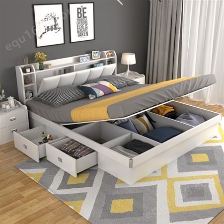 床现代简约多功能小户型主卧双人板式床经济型气动高箱收纳储物床
