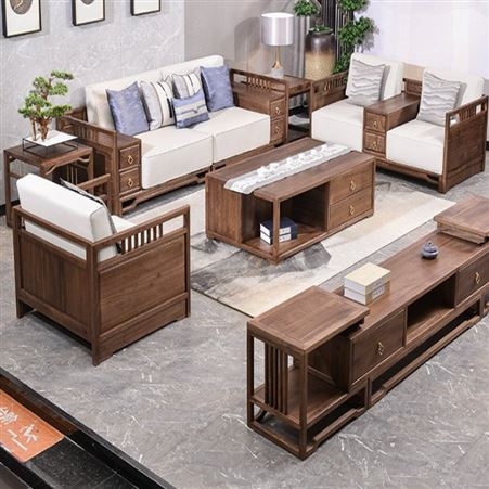 中山新中式贵妃沙发 现代简约123组合沙发  实木沙发全屋定制