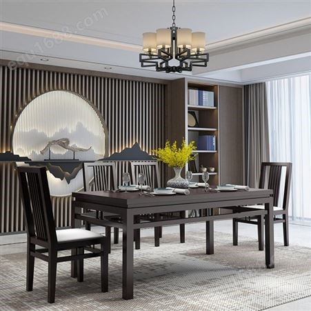 新中式餐桌椅组合实木长方形6人座餐桌餐厅别墅样板房现代轻奢家具定制