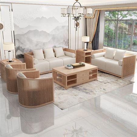 实木沙发组合现代茶楼样板房民宿客厅原木色禅意家具