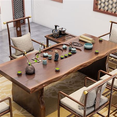 实木大板茶桌椅组合 新中式泡茶桌 茶盘办公室泡茶2米8实木原木茶台