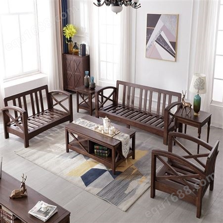 浙江现代美式沙发 橡胶木框架可拆洗棉麻木沙发茶几组合客厅家具批发