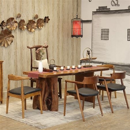新中式实木泡茶桌 榆木松木茶桌椅组合定制 原木大板茶台客厅功夫茶桌直销