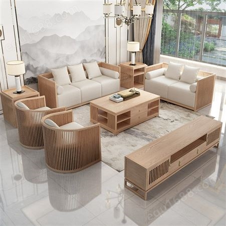 实木沙发组合现代茶楼样板房民宿客厅原木色禅意家具