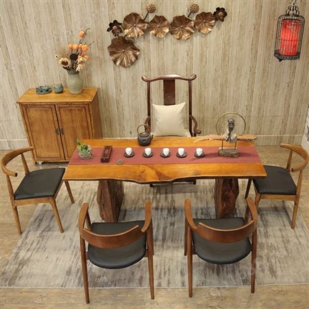 新中式实木泡茶桌 榆木松木茶桌椅组合定制 原木大板茶台客厅功夫茶桌直销