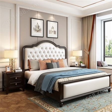 广东美式轻奢实木床1.8米双人床 橡胶木卧室家具现代婚床皮床设计 