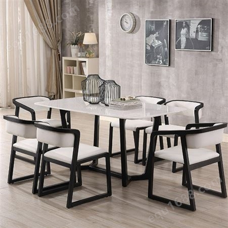 广西北欧实木餐桌大理石长方形餐桌椅组合 小户型简约创意餐桌椅
