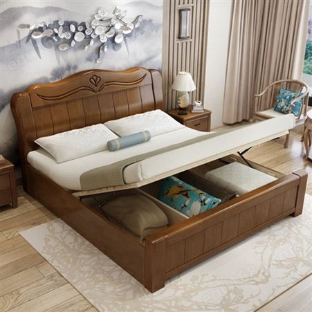 新中式全实木橡木床儿童1.5米单人床1.8米双人床中式主卧床储物实木家具