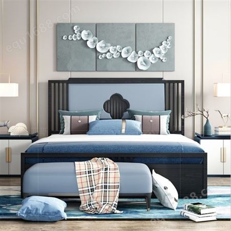 新中式床样板房轻奢软包床精选 1.8米酒店双人主卧禅意现代简约实木床定制
