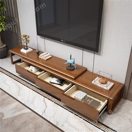 湖南中式实木电视柜茶几 现代简约可伸缩带抽屉 客厅家具组合多功能柜子厂家定制