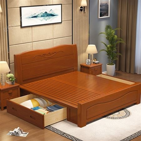 新中式实木床1.5m1.2m主卧双人床 现代简约双人1.8米橡木床 