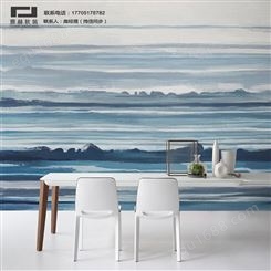 手绘蓝色海景壁纸 客厅卧室背景墙纸 雅赫软装 尺寸可定制防潮防尘